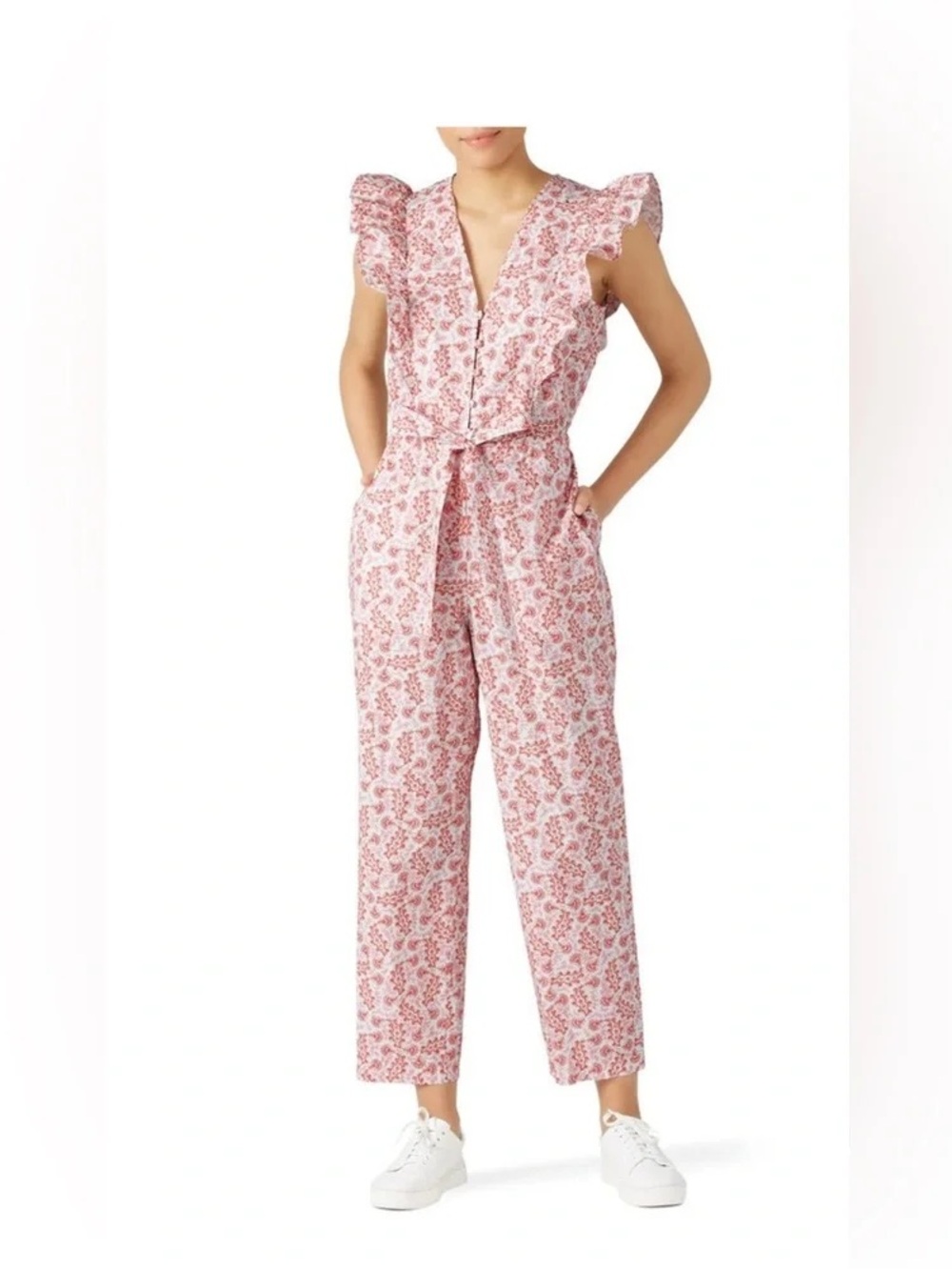La Vie Rebecca Taylor Wave Paisley Cotton Jumpsuit Pink White Ruffle M